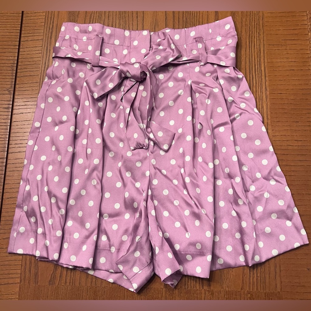 ZARA Lilac & White Polka Dot High Waisted Flowy Satin Belted Paperbag Shorts XS - Picture 8 of 16